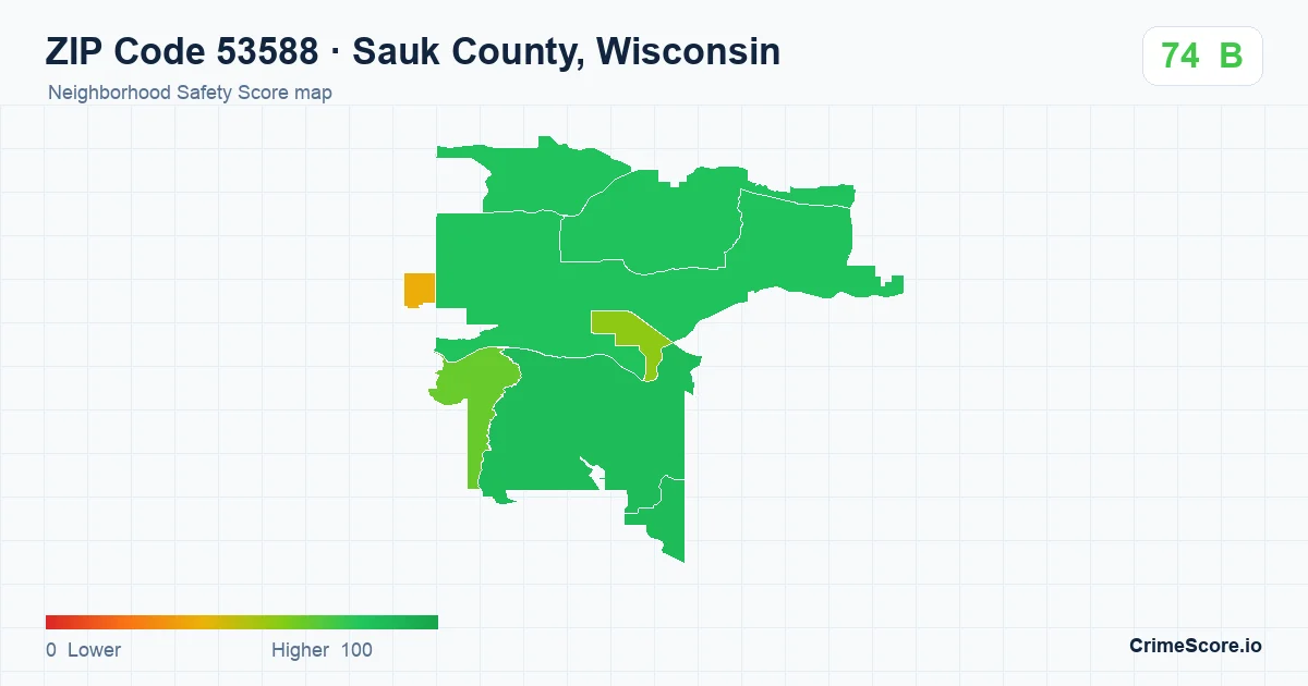 ZIP Code 53588 in Sauk County, Wisconsin neighborhood Safety Score map
