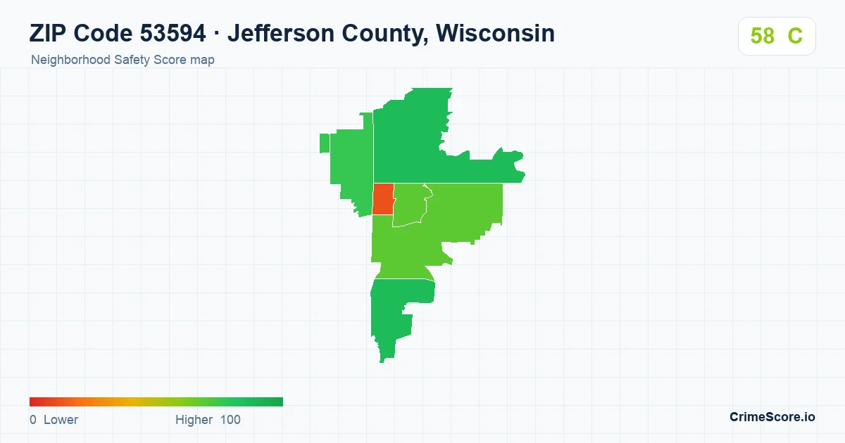 ZIP Code 53594 in Jefferson County, Wisconsin neighborhood Safety Score map