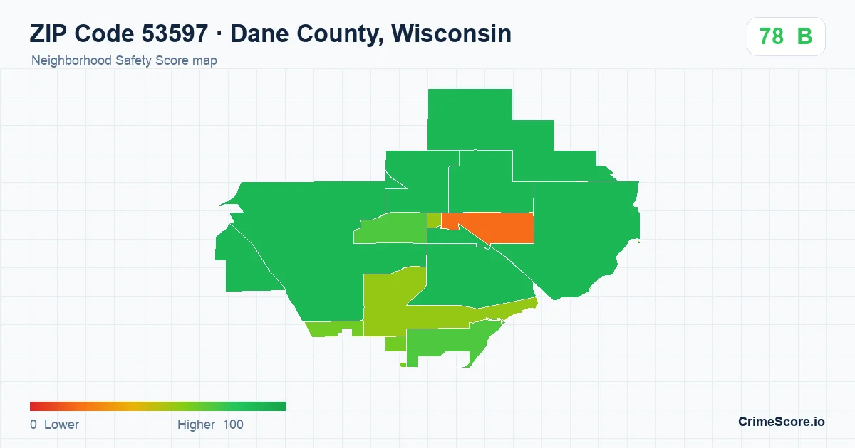 ZIP Code 53597 in Dane County, Wisconsin neighborhood Safety Score map