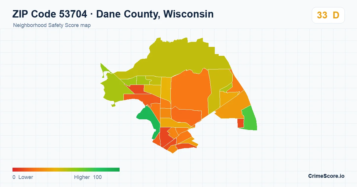 ZIP Code 53704 in Dane County, Wisconsin neighborhood Safety Score map