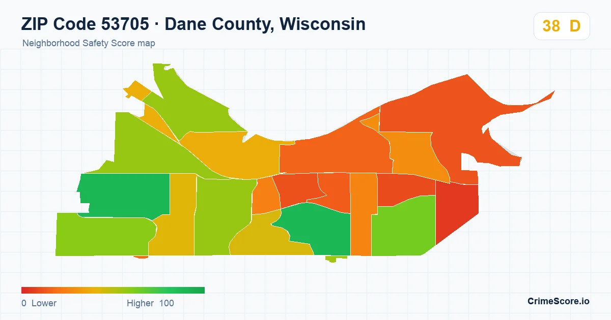 ZIP Code 53705 in Dane County, Wisconsin neighborhood Safety Score map
