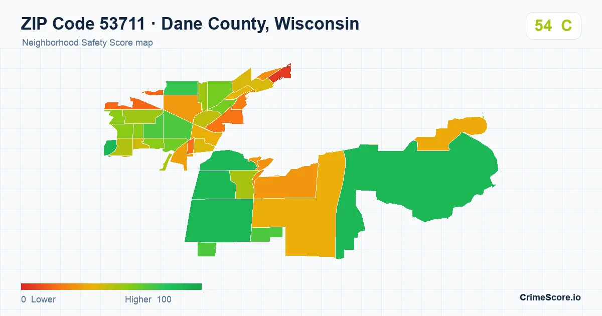ZIP Code 53711 in Dane County, Wisconsin neighborhood Safety Score map