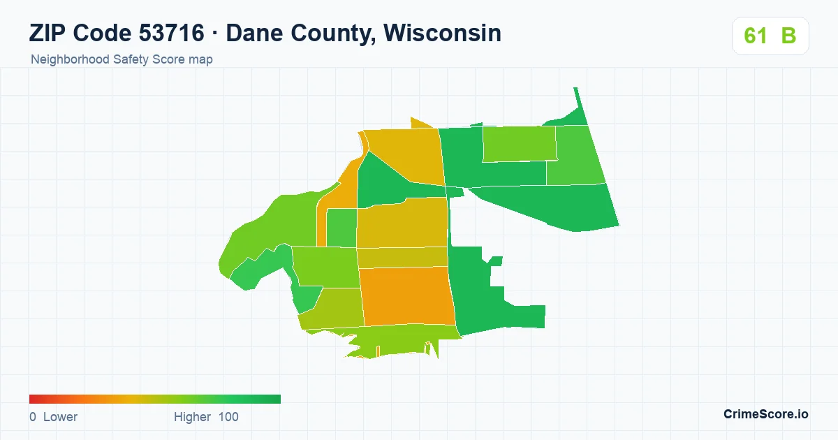ZIP Code 53716 in Dane County, Wisconsin neighborhood Safety Score map