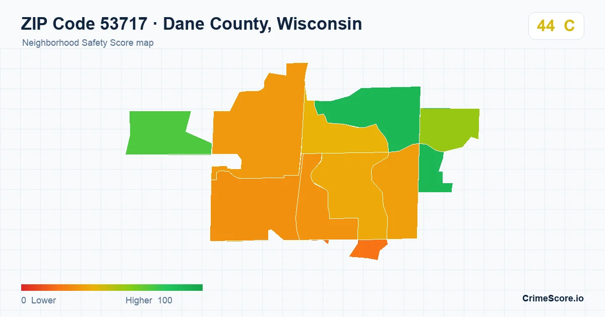 ZIP Code 53717 in Dane County, Wisconsin neighborhood Safety Score map