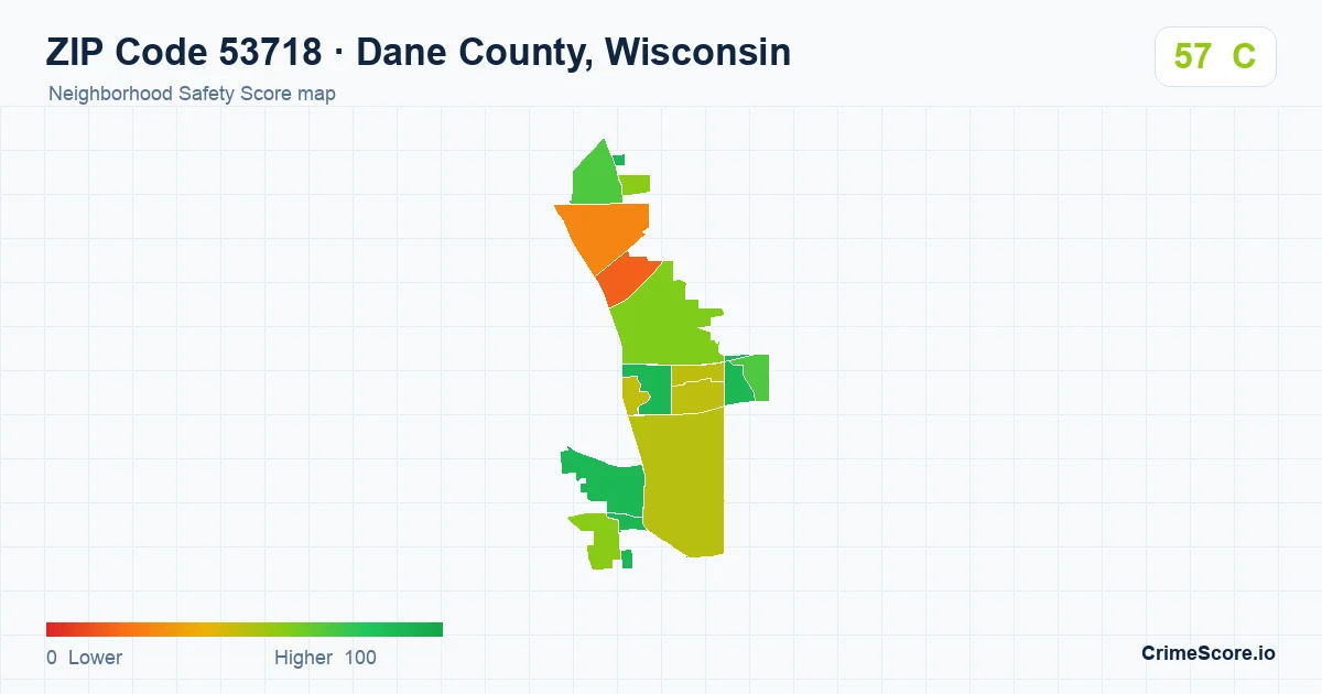 ZIP Code 53718 in Dane County, Wisconsin neighborhood Safety Score map