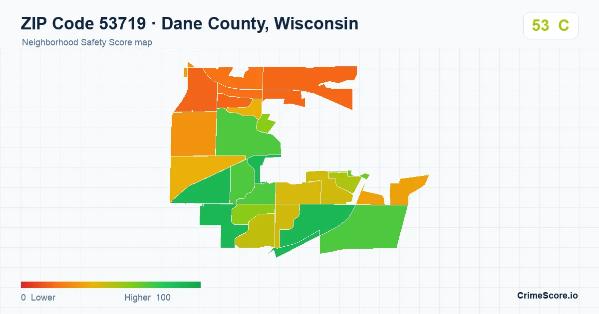 ZIP Code 53719 in Dane County, Wisconsin neighborhood Safety Score map