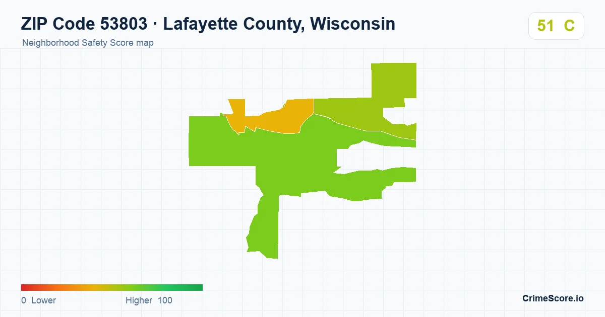 ZIP Code 53803 in Lafayette County, Wisconsin neighborhood Safety Score map