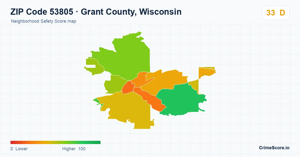 ZIP Code 53805 in Grant County, Wisconsin neighborhood Safety Score map