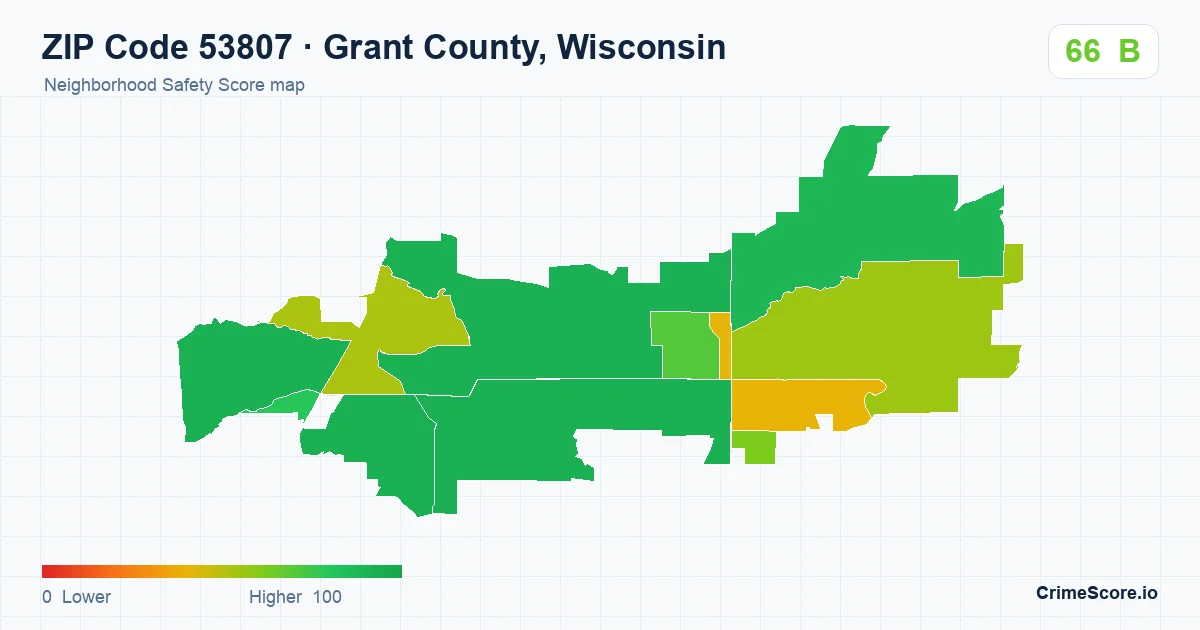 ZIP Code 53807 in Grant County, Wisconsin neighborhood Safety Score map