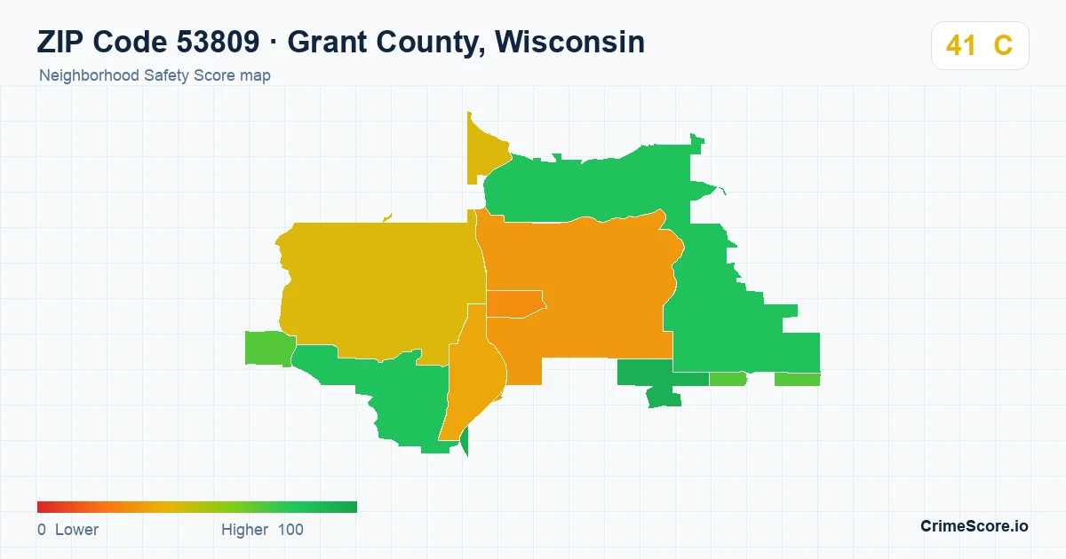 ZIP Code 53809 in Grant County, Wisconsin neighborhood Safety Score map