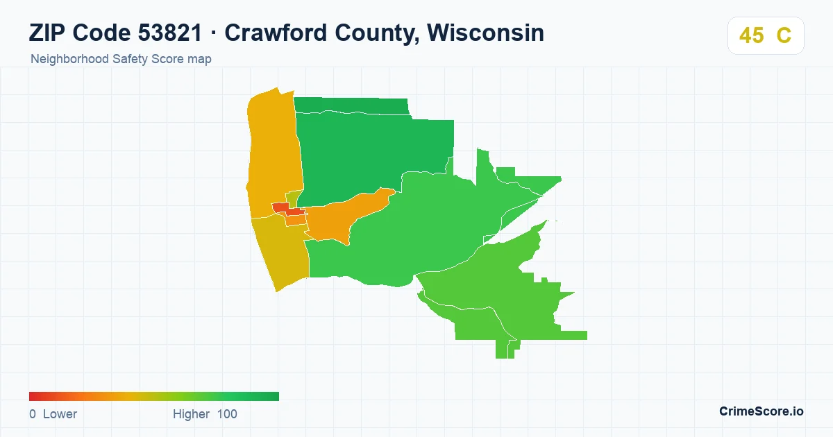 ZIP Code 53821 in Crawford County, Wisconsin neighborhood Safety Score map