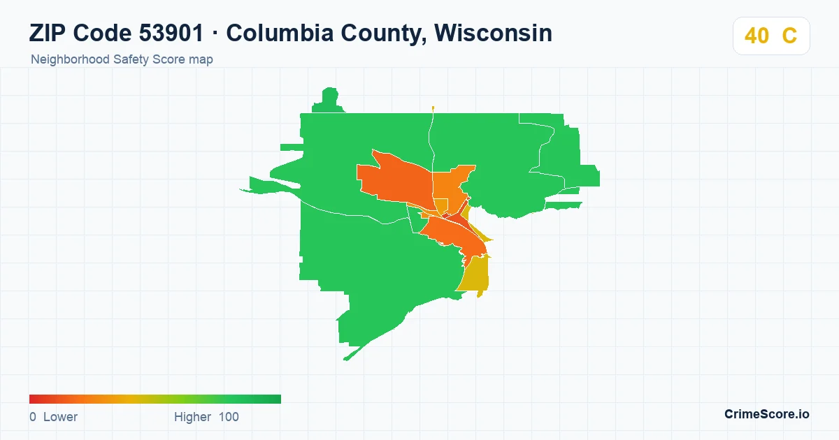 ZIP Code 53901 in Columbia County, Wisconsin neighborhood Safety Score map
