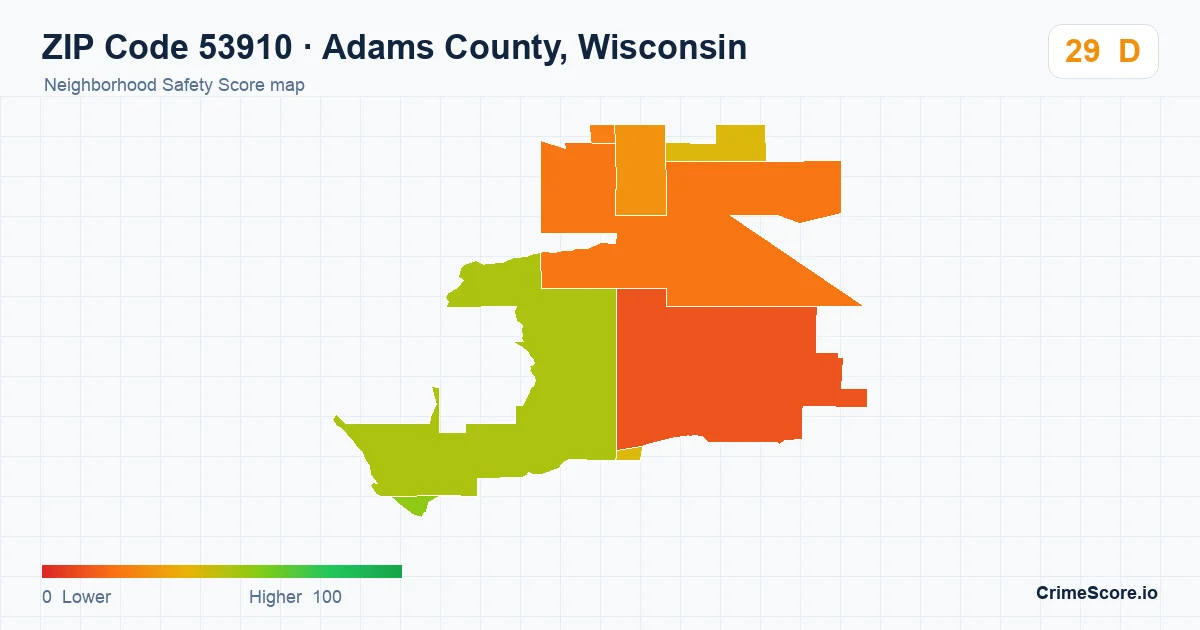 ZIP Code 53910 in Adams County, Wisconsin neighborhood Safety Score map