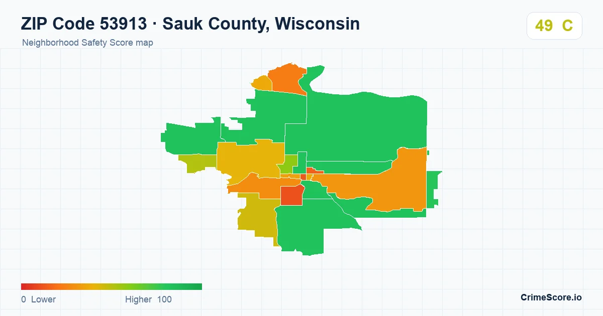 ZIP Code 53913 in Sauk County, Wisconsin neighborhood Safety Score map