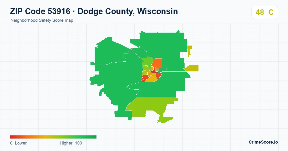 ZIP Code 53916 in Dodge County, Wisconsin neighborhood Safety Score map