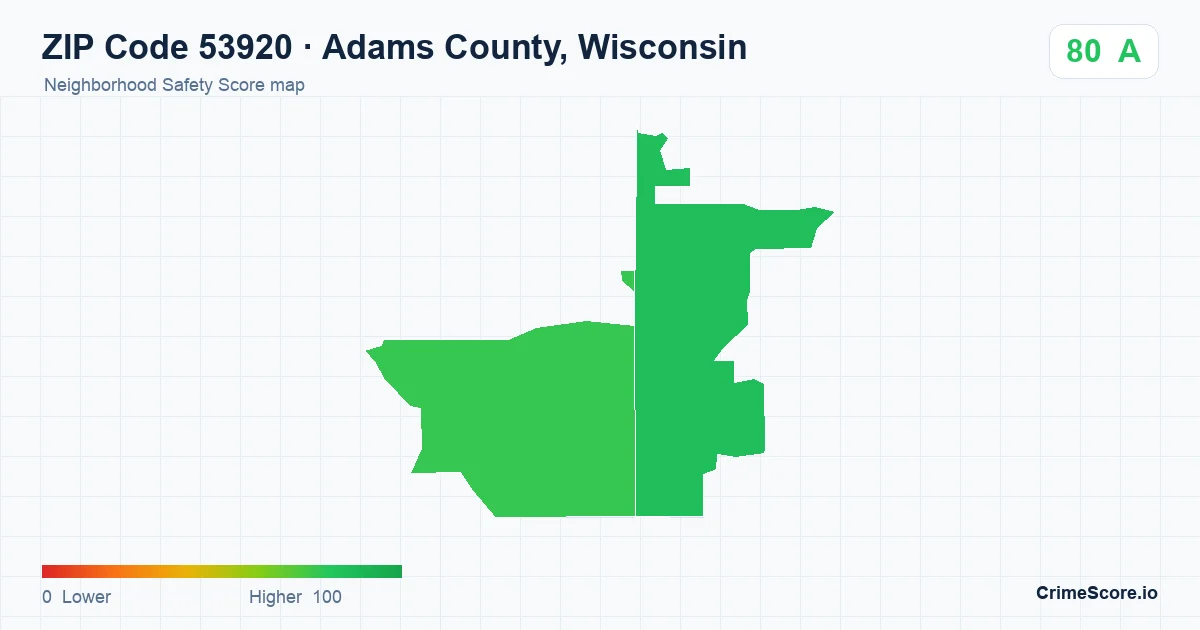 ZIP Code 53920 in Adams County, Wisconsin neighborhood Safety Score map