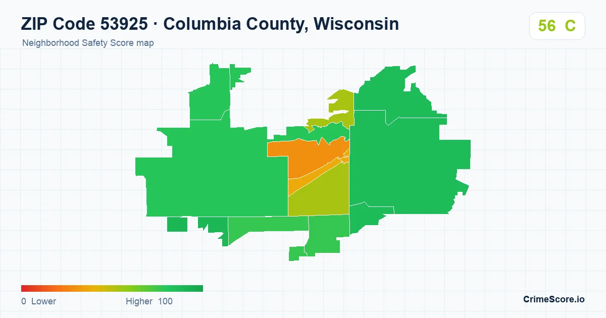 ZIP Code 53925 in Columbia County, Wisconsin neighborhood Safety Score map