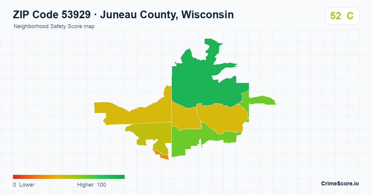 ZIP Code 53929 in Juneau County, Wisconsin neighborhood Safety Score map