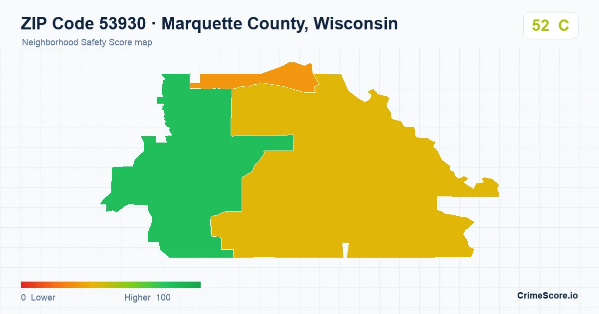 ZIP Code 53930 in Marquette County, Wisconsin neighborhood Safety Score map