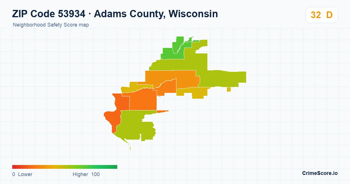 ZIP Code 53934 in Adams County, Wisconsin neighborhood Safety Score map
