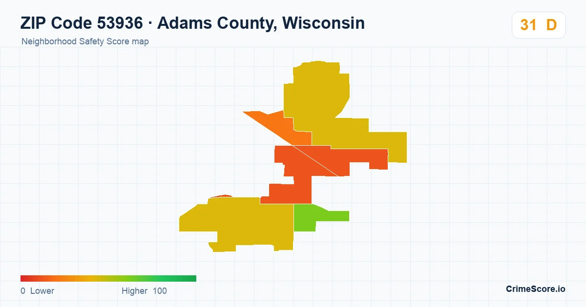 ZIP Code 53936 in Adams County, Wisconsin neighborhood Safety Score map