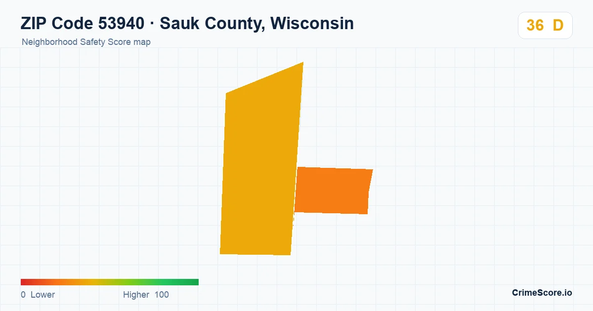 ZIP Code 53940 in Sauk County, Wisconsin neighborhood Safety Score map