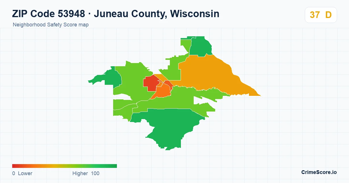 ZIP Code 53948 in Juneau County, Wisconsin neighborhood Safety Score map