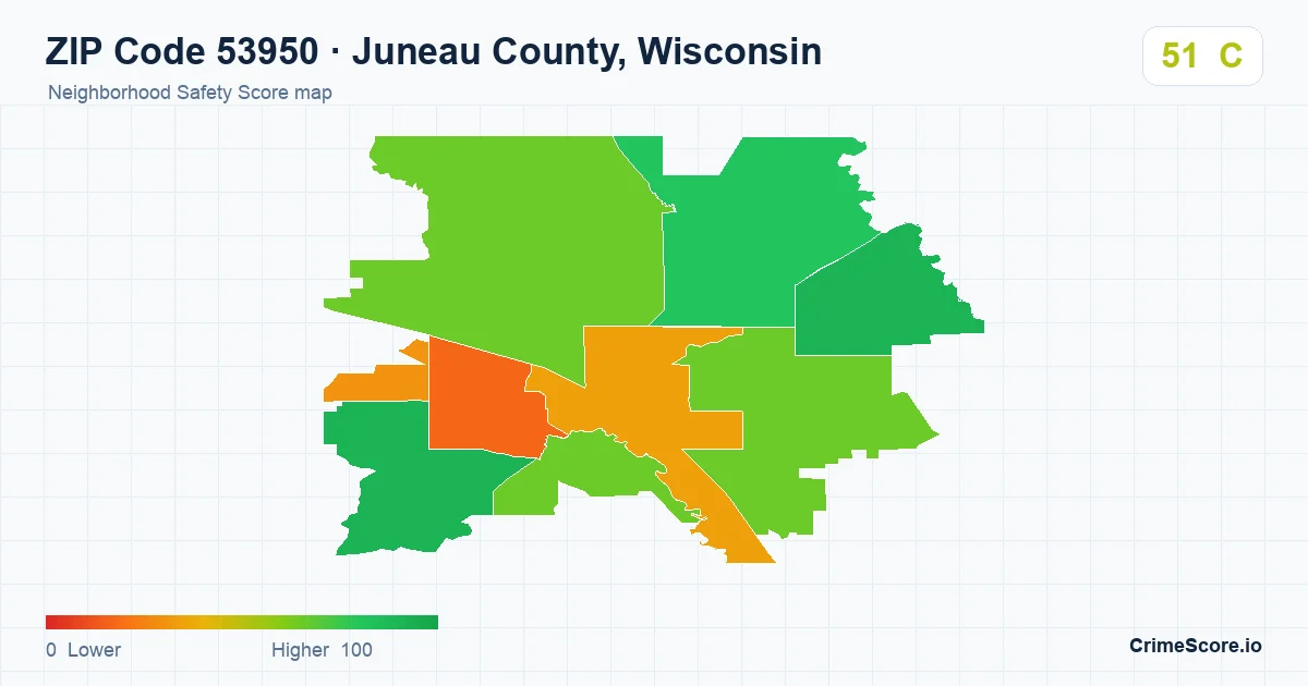 ZIP Code 53950 in Juneau County, Wisconsin neighborhood Safety Score map