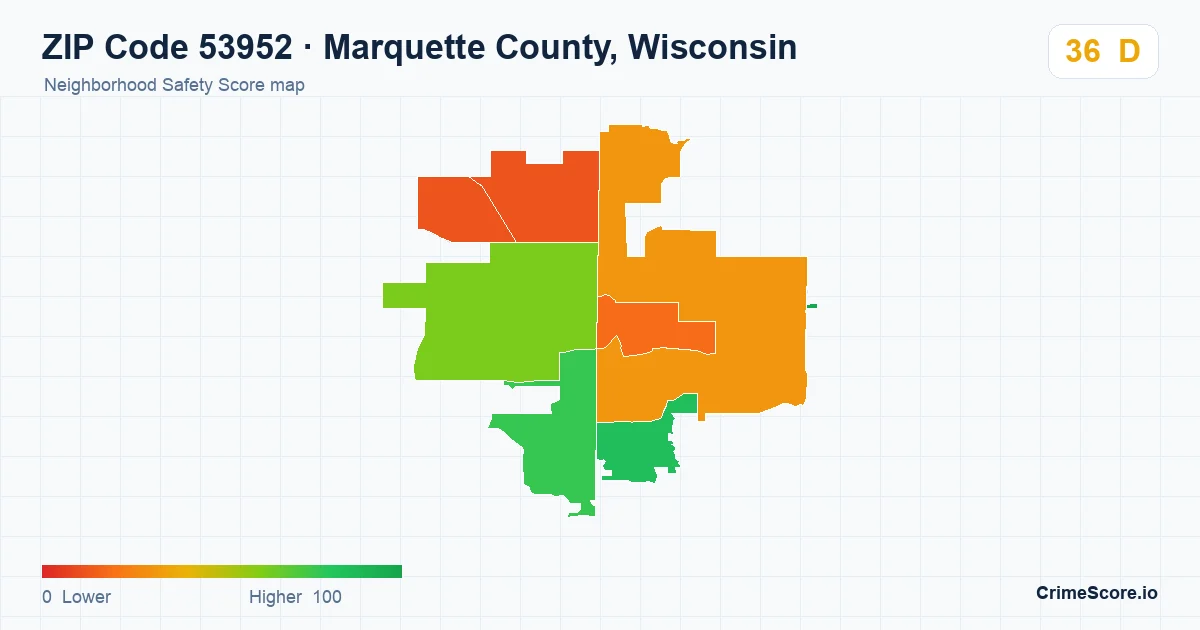 ZIP Code 53952 in Marquette County, Wisconsin neighborhood Safety Score map