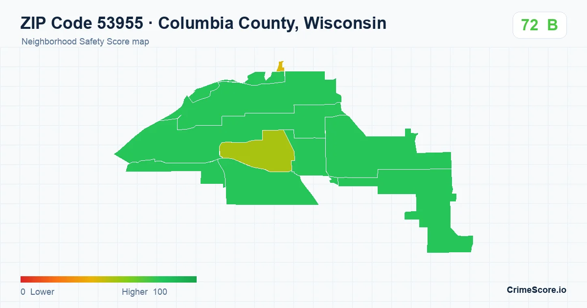 ZIP Code 53955 in Columbia County, Wisconsin neighborhood Safety Score map