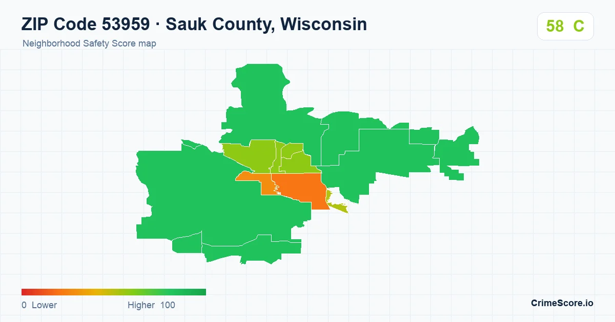 ZIP Code 53959 in Sauk County, Wisconsin neighborhood Safety Score map