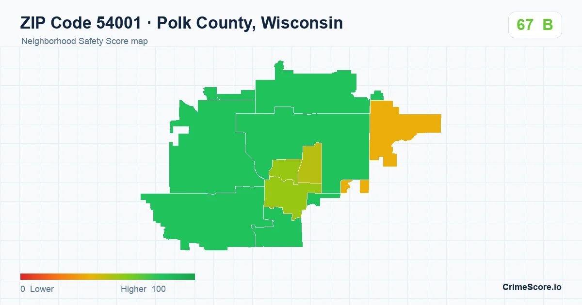 ZIP Code 54001 in Polk County, Wisconsin neighborhood Safety Score map