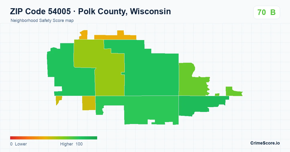 ZIP Code 54005 in Polk County, Wisconsin neighborhood Safety Score map