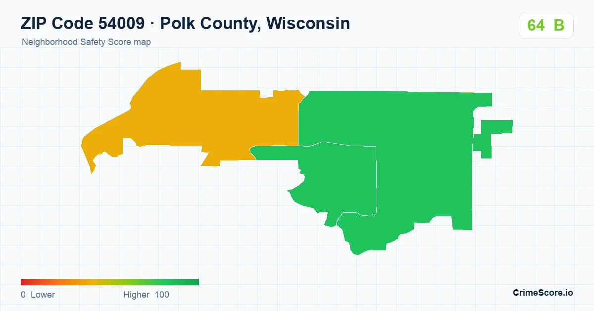 ZIP Code 54009 in Polk County, Wisconsin neighborhood Safety Score map