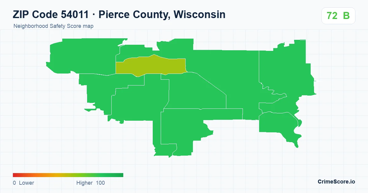 ZIP Code 54011 in Pierce County, Wisconsin neighborhood Safety Score map