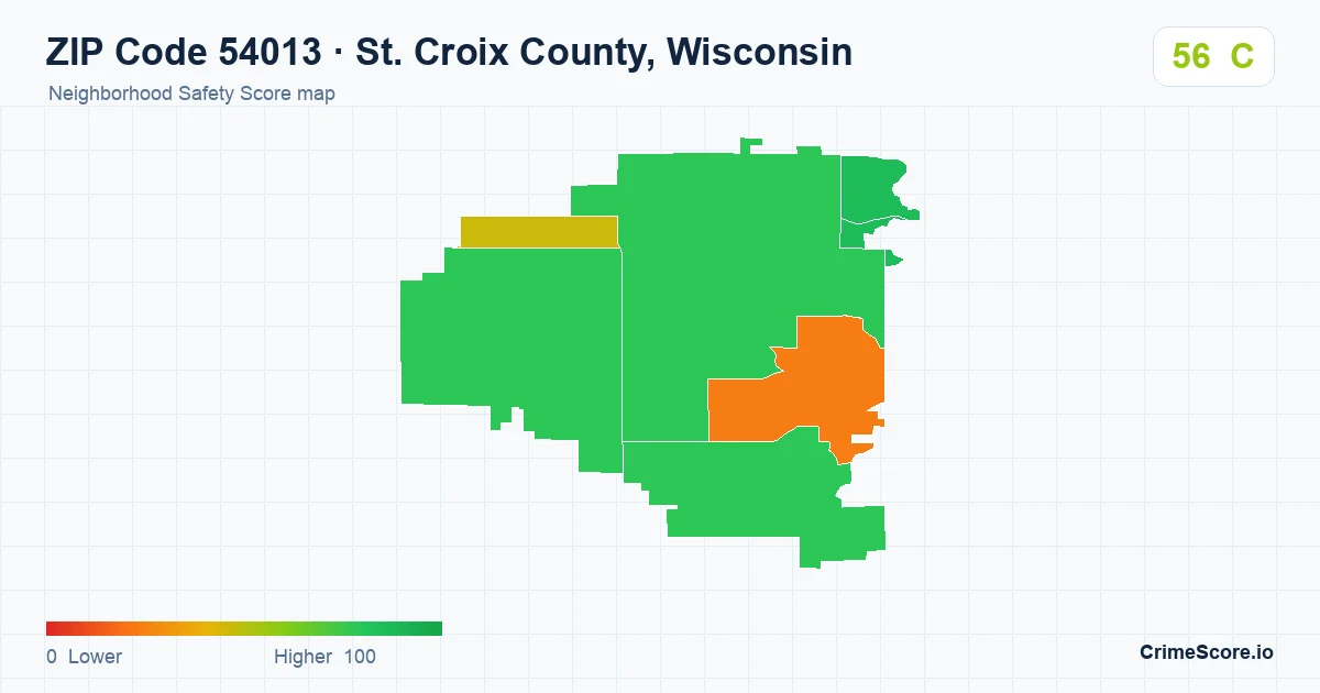 ZIP Code 54013 in St. Croix County, Wisconsin neighborhood Safety Score map