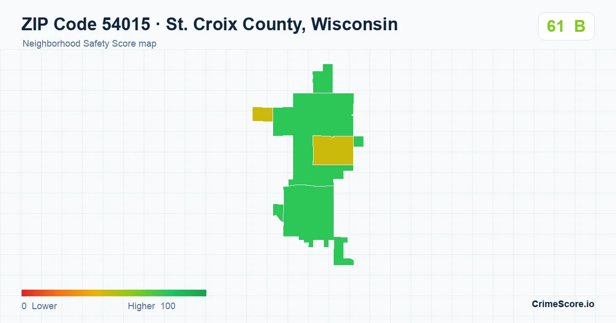 ZIP Code 54015 in St. Croix County, Wisconsin neighborhood Safety Score map