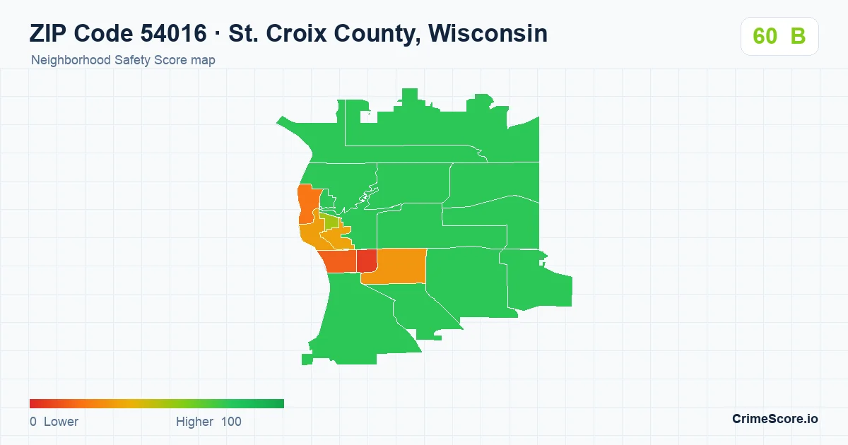 ZIP Code 54016 in St. Croix County, Wisconsin neighborhood Safety Score map