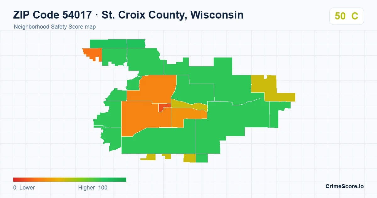 ZIP Code 54017 in St. Croix County, Wisconsin neighborhood Safety Score map