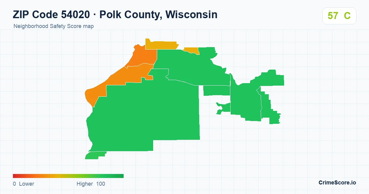 ZIP Code 54020 in Polk County, Wisconsin neighborhood Safety Score map