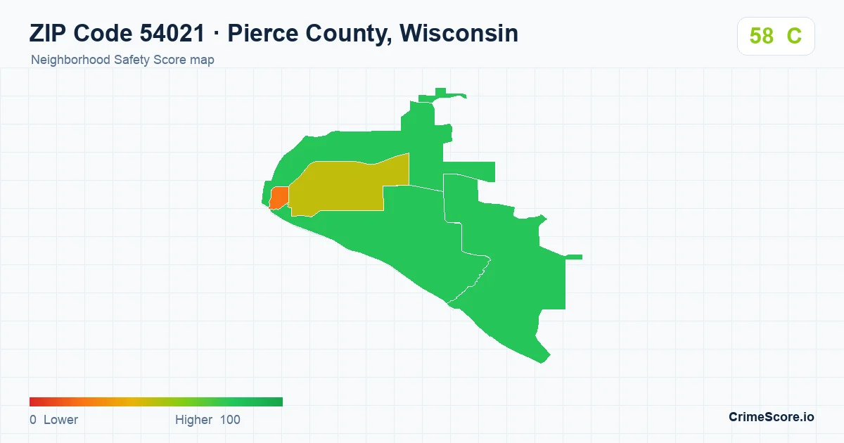 ZIP Code 54021 in Pierce County, Wisconsin neighborhood Safety Score map