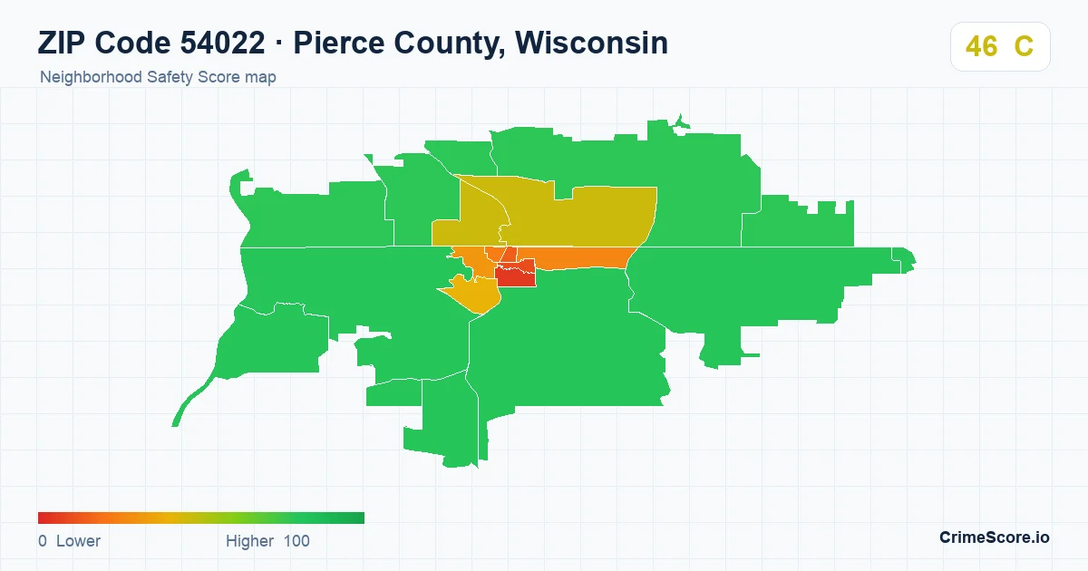 ZIP Code 54022 in Pierce County, Wisconsin neighborhood Safety Score map