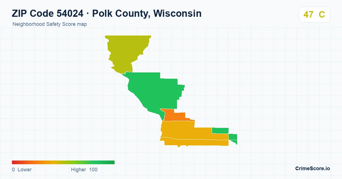 ZIP Code 54024 in Polk County, Wisconsin neighborhood Safety Score map