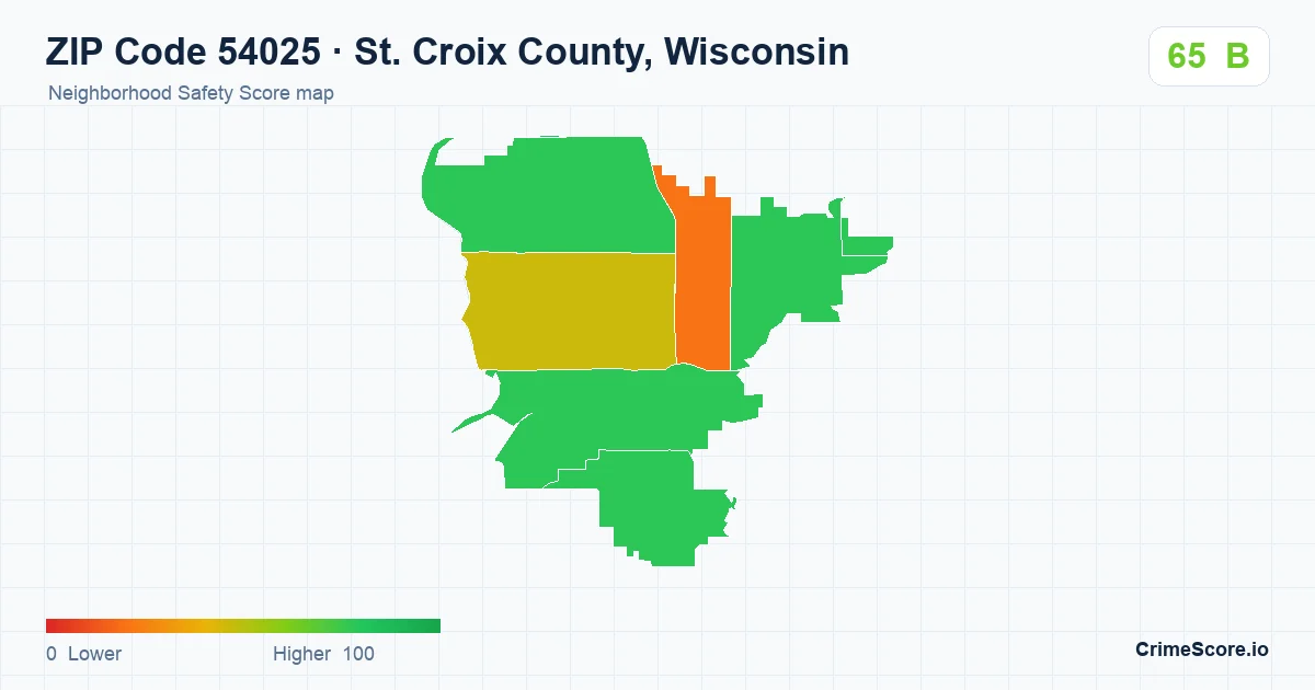 ZIP Code 54025 in St. Croix County, Wisconsin neighborhood Safety Score map