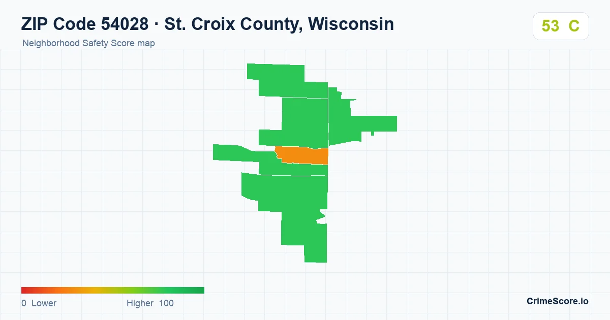 ZIP Code 54028 in St. Croix County, Wisconsin neighborhood Safety Score map