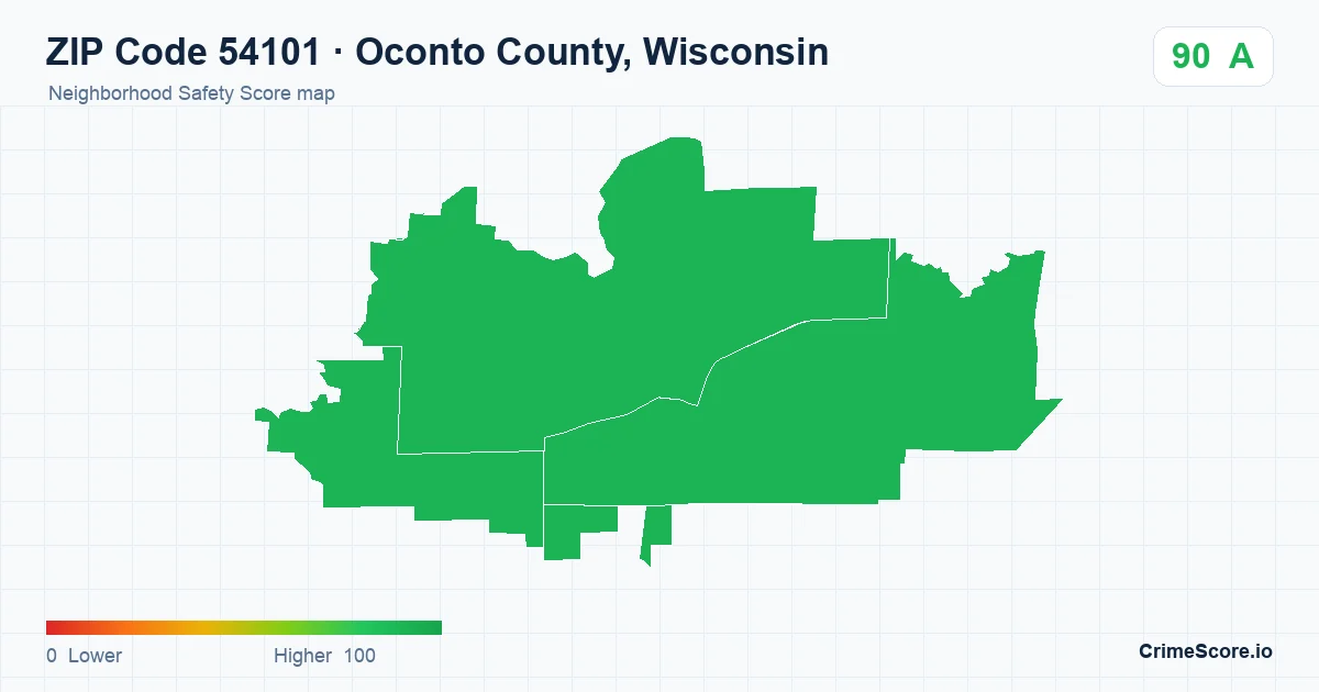 ZIP Code 54101 in Oconto County, Wisconsin neighborhood Safety Score map