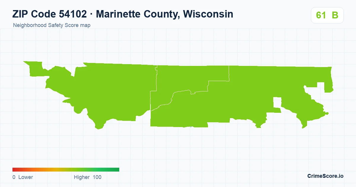 ZIP Code 54102 in Marinette County, Wisconsin neighborhood Safety Score map