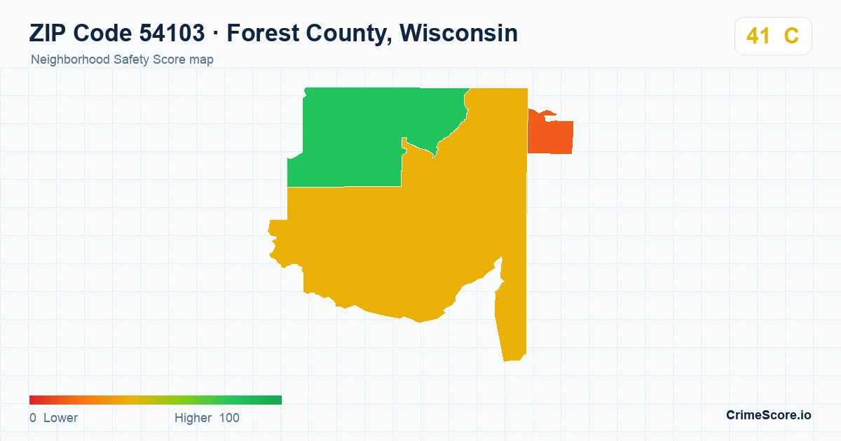 ZIP Code 54103 in Forest County, Wisconsin neighborhood Safety Score map