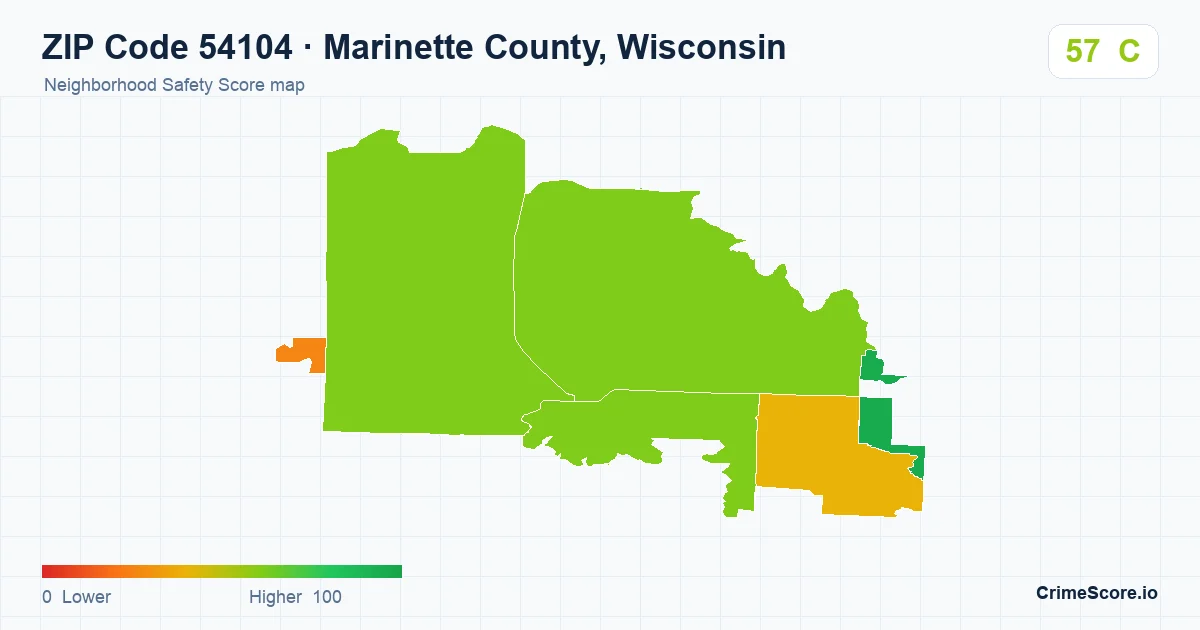 ZIP Code 54104 in Marinette County, Wisconsin neighborhood Safety Score map