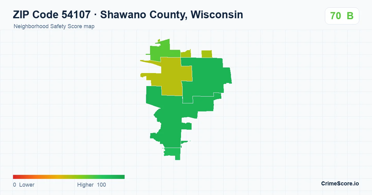 ZIP Code 54107 in Shawano County, Wisconsin neighborhood Safety Score map
